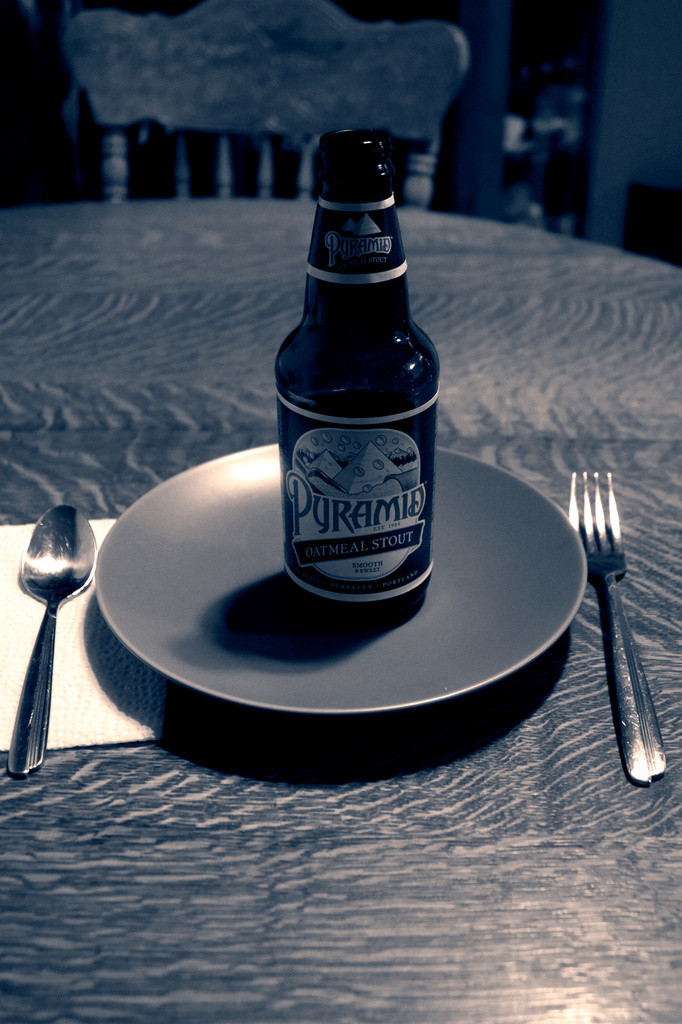 Pyramid beer on a dinner plate