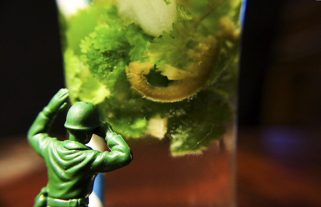 Green army soldier toy and tequila drink
