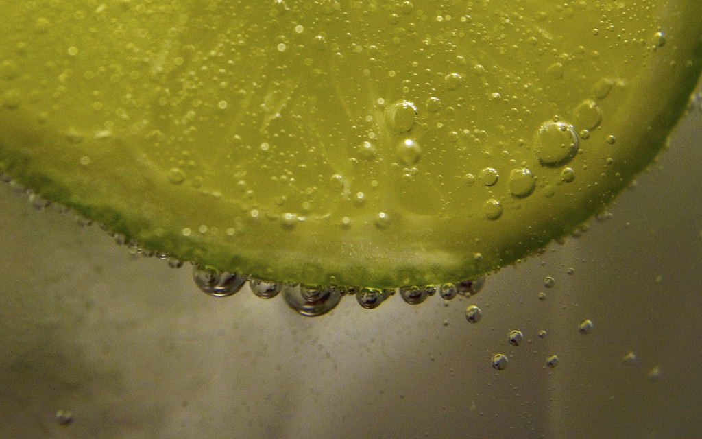 Slice of lime submerged in water