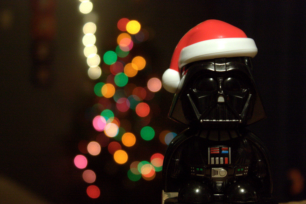 Darth Vader in Santa hat with Christmas tree lights
