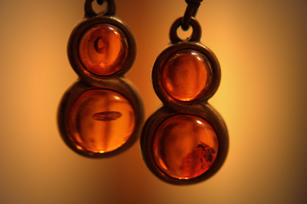 Closeup of amber earrings