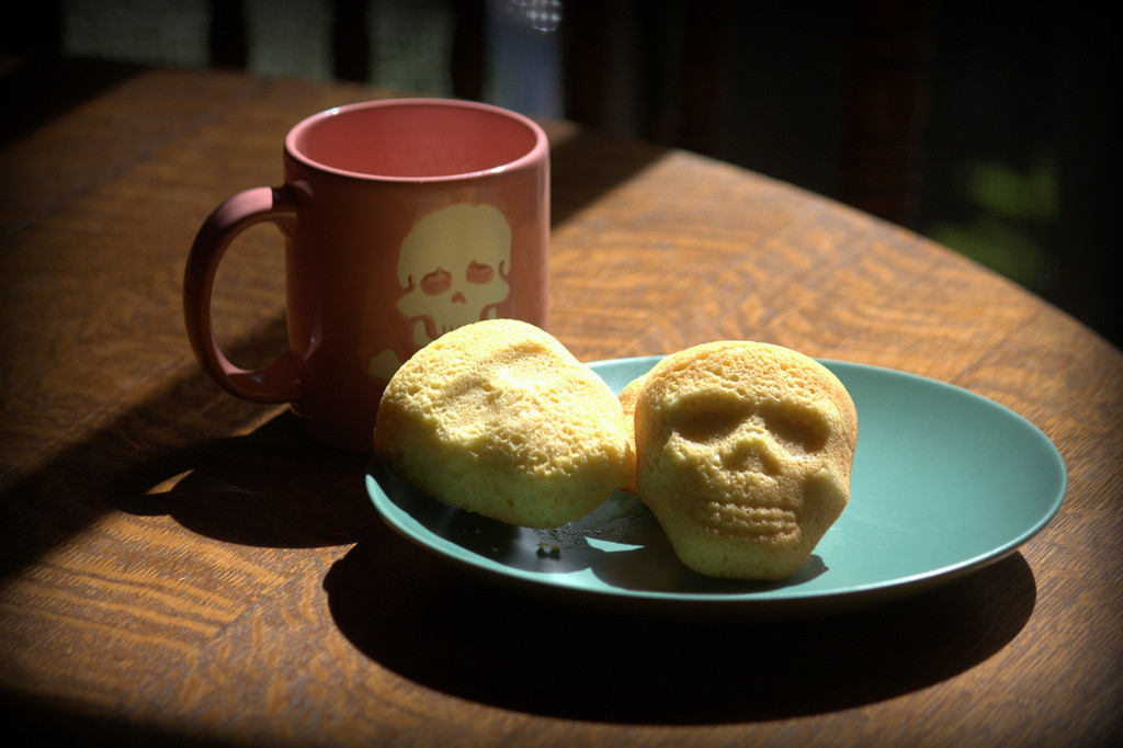Cornbread muffins baked in a skull pan
